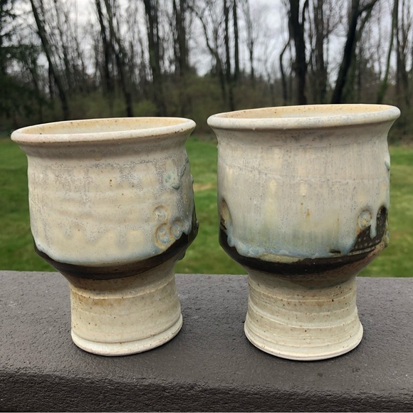 Artist Signed 2 Studio Pottery Goblets Cups - Creamy Tan Brown Blue Green Glaze - Picture 3 of 10